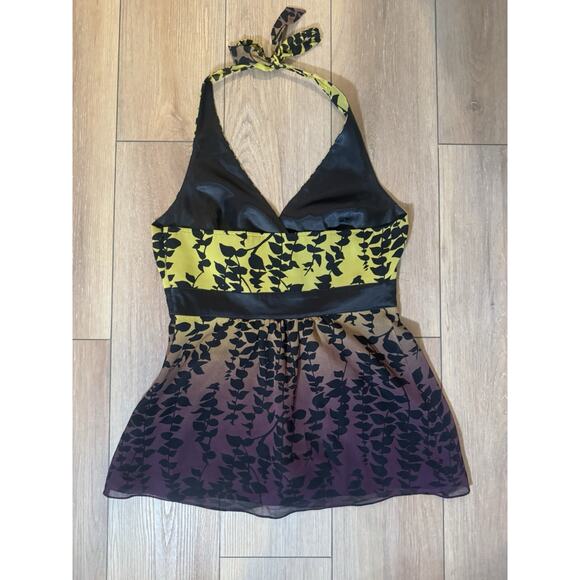 Express Y2K Silk Halter Top Lime Green Purple Ombré Tropical Leaf Blouse Sz 10 - Picture 7 of 16
